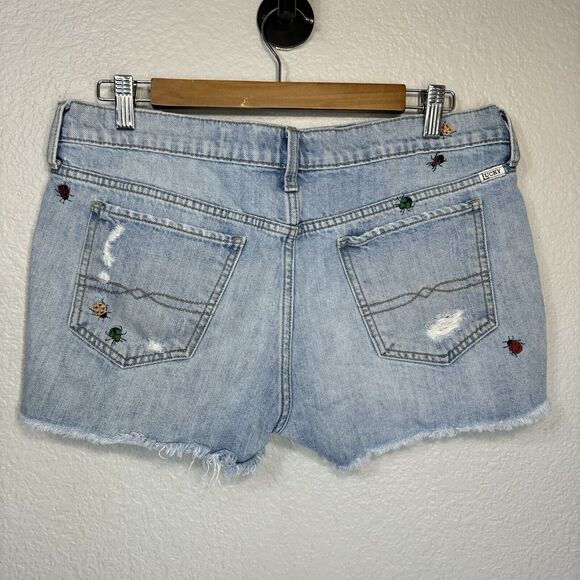 Lucky Brand Jean Shorts 8 Cut Off Denim Distressed Embroidered Lady Bugs VTG 90s - Picture 2 of 9